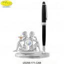 GEMELLI CON PENNA SU BASE DELUXE ARGENTATA