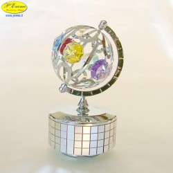 MAPPAMONDO SU BASE GIREVOLE MUSICALE ARGENTATO - Cm. 10 x 6- Elementi SWAROVSKI