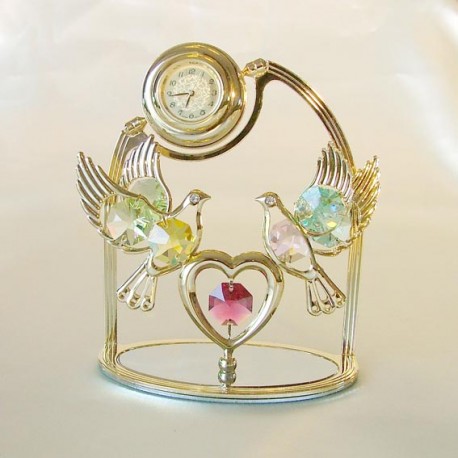 DOVES ON HEART WITH GOLD WATCH - Cm. 11.5 x 10.5 - Swarovski Elements